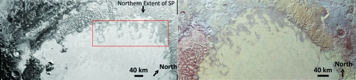 冥王星で液体窒素が噴出？ハート形氷河の暗い筋が示す驚きの可能性