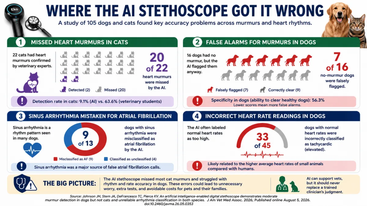 AI聴診器が猫の心雑音をほぼ全スルー、22個中20個を見逃す